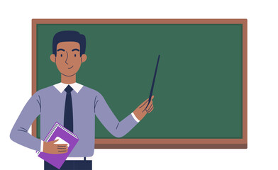 Young smiling black man teacher with a pointer in his hands stands at the blackboard. Vector illustration.