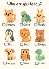 Cute Animal Mood Chart for Kids – “Who Are You Today?” Emotions Poster