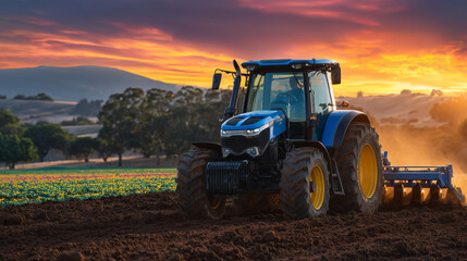 Fototapeta premium Tractor plowing the field under a dramatic sunset sky, earth being turned and aerated by large blades, warm sunlight illuminating the rural landscape and distant tree lines