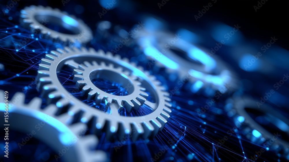 Poster mechanical gears arranged in a radial pattern overlaid on a digital blueprint background, blueprint 