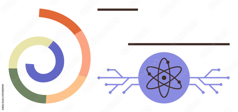 Poster colorful spiral graph with divided segments and an atomic structure linked to circuit lines. ideal f