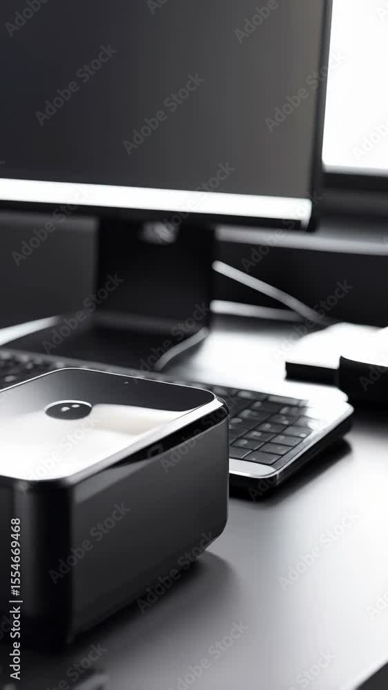 Poster modern sleek dark computer setup featuring a stylish compact desktop workstation unit, peripherals, 