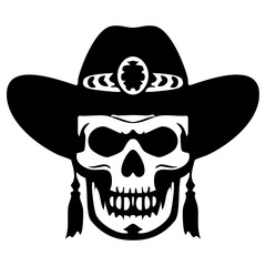 Skull silhouette wearing a cowboy hat, designed as a vector graphic.