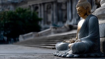 Golden Buddha statue in serene pose, outdoor setting