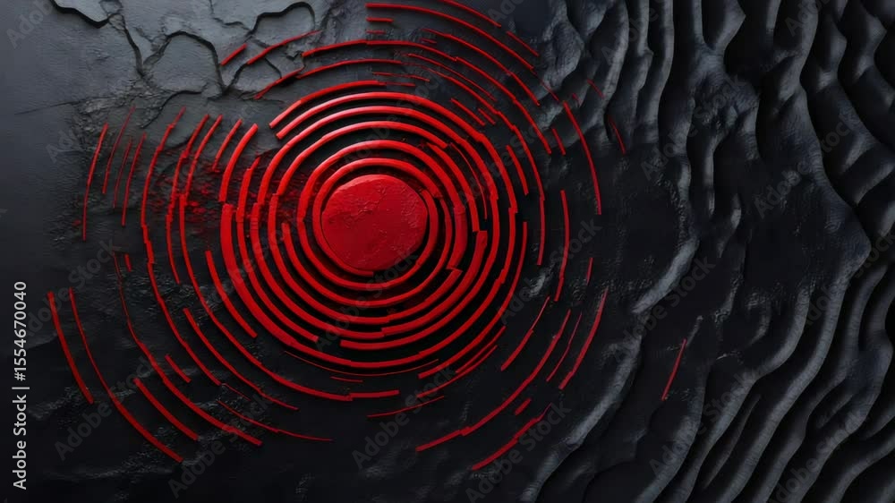 Poster Seismic waves radiating outward from earthquake epicenter, spreading red concentric circles across dark textured surface, visualizing geological force and ground motion dynamics