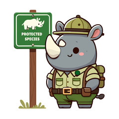 Cute Rhino Protected Species Cartoon Character with Green Sign Illustration