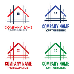 Collection of house construction logos in red, blue, and green, isolated on white background