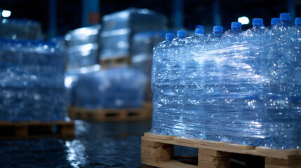Wholesale storage with countless blue plastic water bottles stacked tightly on pallets, soft ambient light highlighting the clean, transparent liquid and uniform packaging for reta