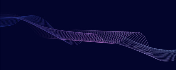 Dark abstract background with glowing wave. Shiny moving lines design element. Modern purple blue gradient flowing wave lines. Futuristic technology concept. Vector illustration
