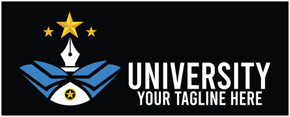 University logo with open book, pen and stars, representing education and knowledge, on black background