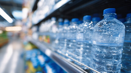 Close-up of refreshing bottled water display in a supermarket aisle, blue-tinted bottles lined up symmetrically, condensation droplets visible on the plastic surface signaling cold