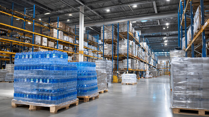 Wholesale drink warehouse showcasing pallets of blue bottled water wrapped in transparent plastic, industrial shelving and wide aisles creating a commercial business atmosphere