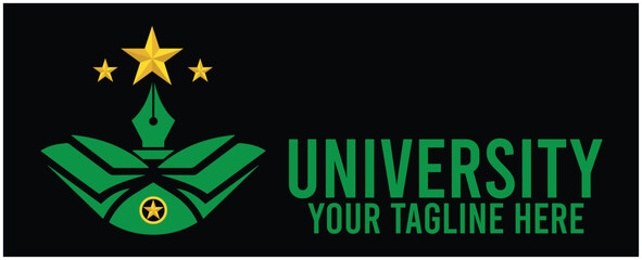 University logo with open book, pen and stars, representing education and knowledge, on black background