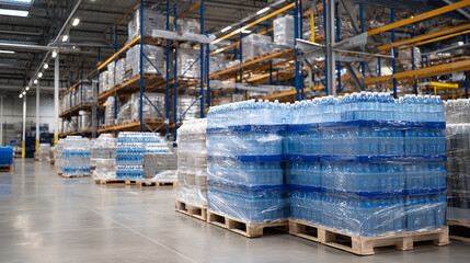 Wholesale drink warehouse showcasing pallets of blue bottled water wrapped in transparent plastic, industrial shelving and wide aisles creating a commercial business atmosphere