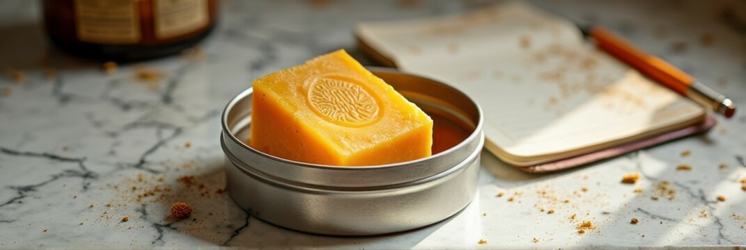 Handmade organic soap in tin container on marble table with notebook and pencil