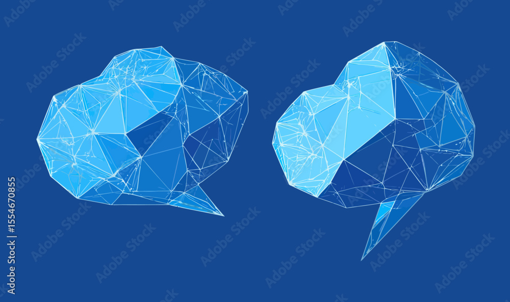 Poster blue low poly wireframe speech bubbles conversation concept with polygonal mesh structure on dark ba
