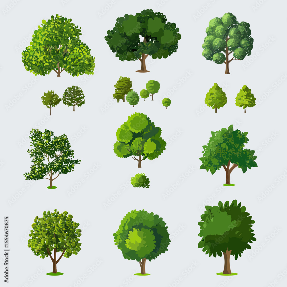 Poster collection of detailed and realistic tree illustrations with various shapes and green foliage isolat