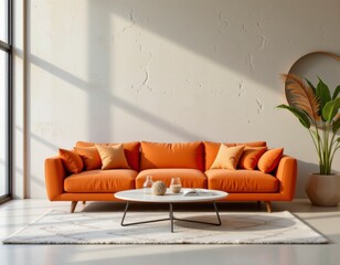 Sunlit Modern Living Room with Orange Sofa and Minimalist Decor
