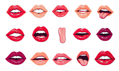 Set of colorful cartoon female lips with various expressions including smiling, open mouth, tongue out, and kissing in flat minimalist style vector illustration