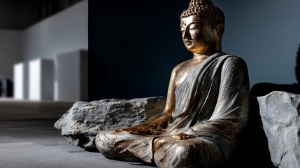 Golden Buddha statue sits serene amidst stones