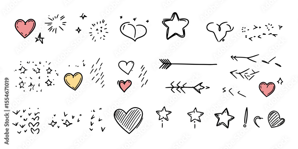 Poster hand drawn doodle heart star arrow sparkle decorative elements set with sketch line style for emphas