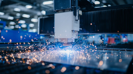 Close-up of a metal laser engraver at work, slicing steel plate with pinpoint accuracy, intense sparks illuminating the dark workshop, emphasizing technological advancement