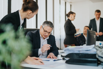 Group of business people working together in an office, discussing documents and tasks....