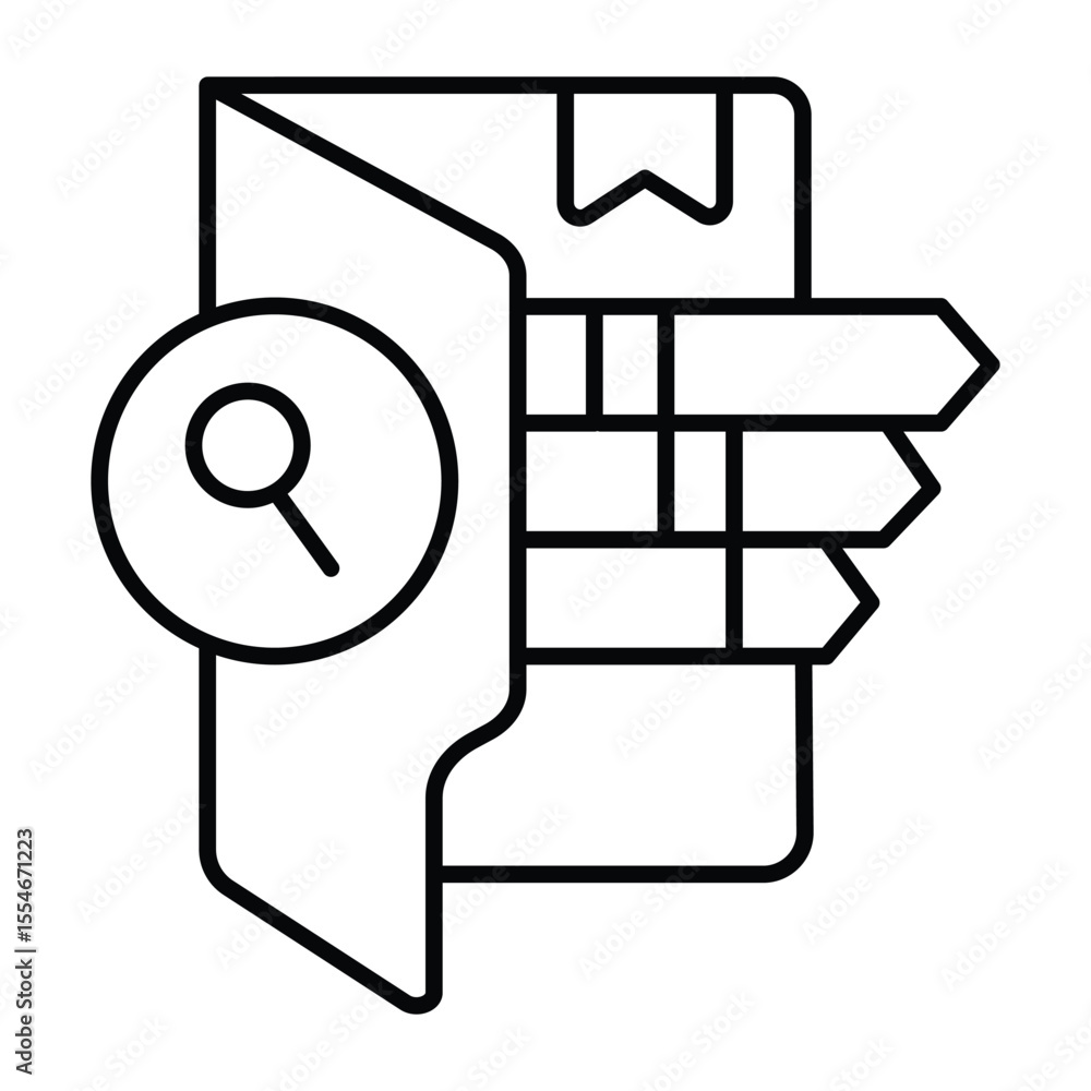 Poster folder with bookmarks and magnifier thin line icon, neural dataset concept. vector graphics. search 