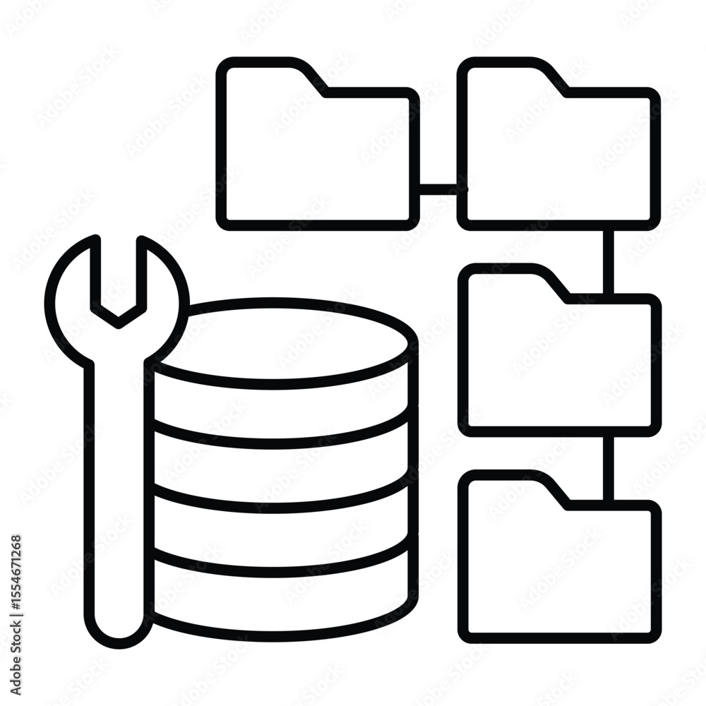 Poster wrench and database storage with folders thin line icon, neural dataset concept. vector graphics. de