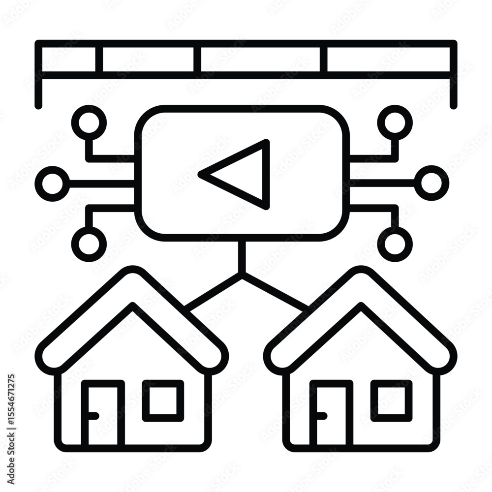 Poster media platform data with two houses thin line icon, neural dataset concept. vector graphics. local p