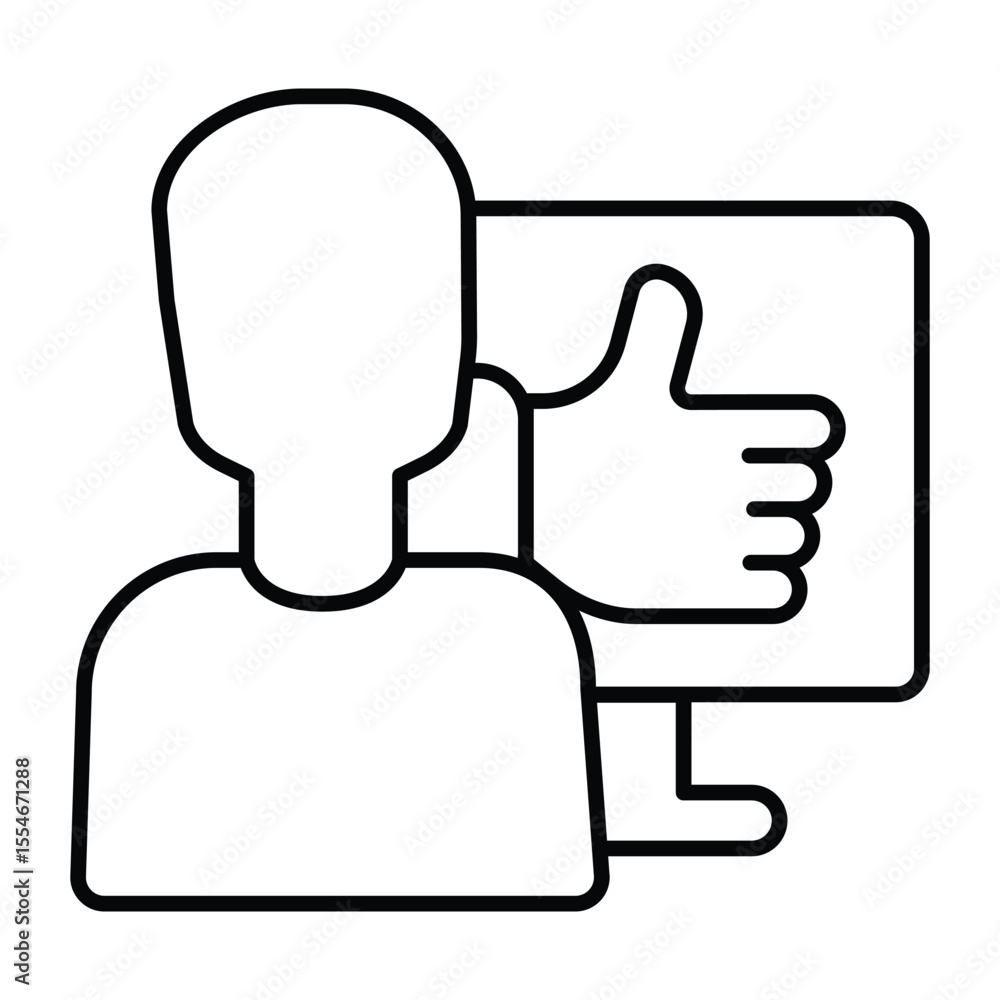 Poster man and monitor with thumb up hand thin line icon, neural dataset concept. vector graphics. user pos