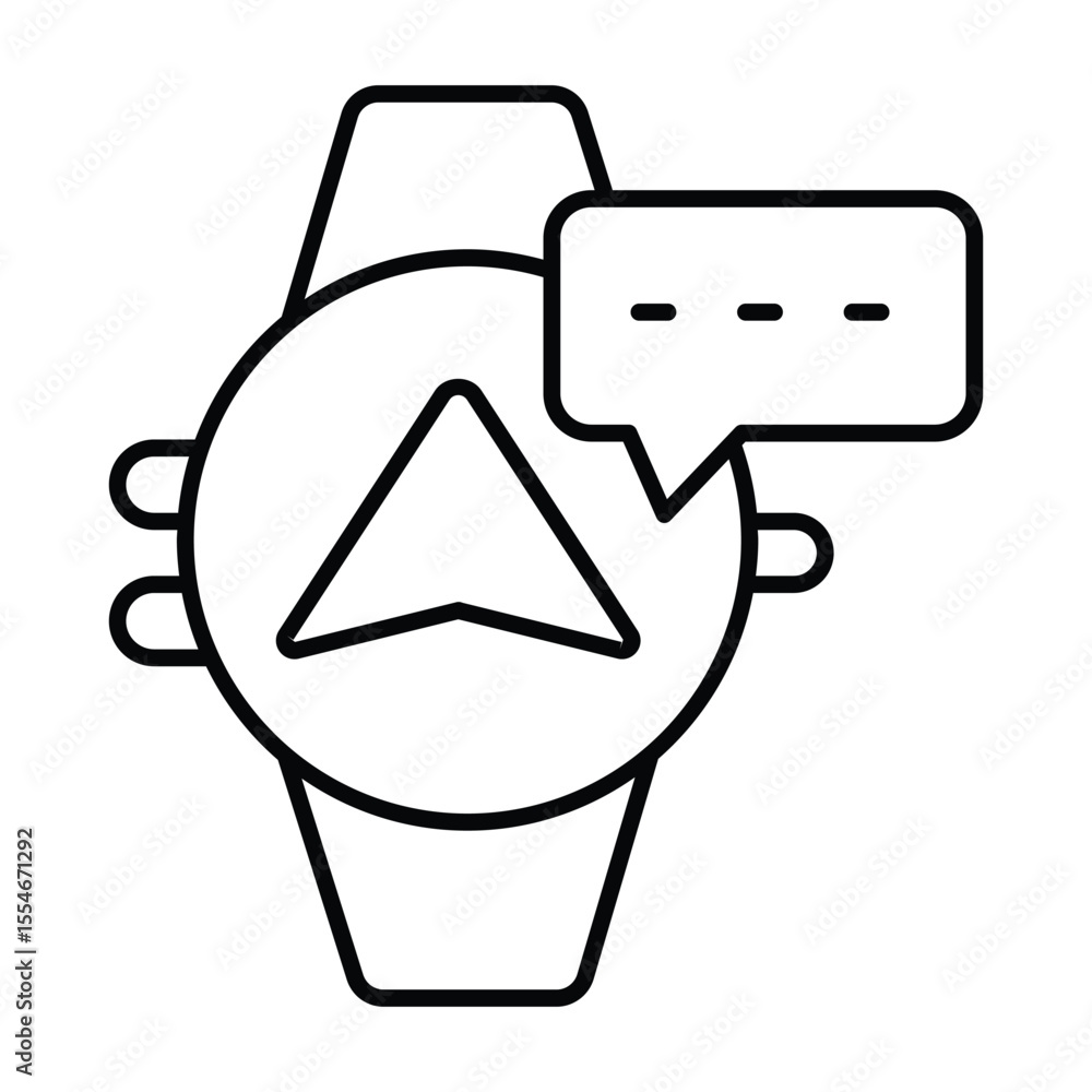 Poster smartwatch with navigation pointer and message thin line icon, neural dataset concept. vector graphi