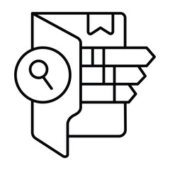 Folder with bookmarks and magnifier thin line icon, neural dataset concept. Vector graphics. Search data by category sign on white background, style mobile or design.