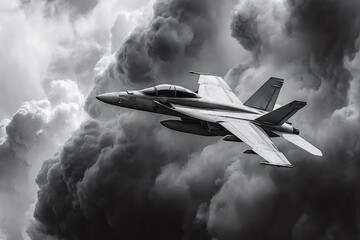 Fa 18 super hornet flying through dramatic clouds in black and white