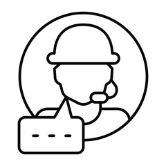 Assistant man with microphone and dialog thin line icon, neural dataset concept. Vector graphics. Support program data model sign on white background, style mobile or design.