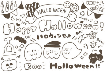 ハロウィンのゆるかわイラストセット (モノクロ)