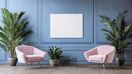 Pink velvet armchairs in a stylish blue room.