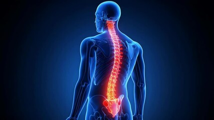 3D rendering showing the human body with the spinal cord highlighted in red. Body highlighted in blue on a dark blue background.