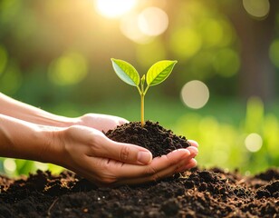 New Beginnings: Plant in Hand with Gentle Green Blurry Effect
