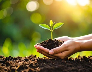 Hands Nurturing Plant: Focus on Growth, Blurred Green Backdrop