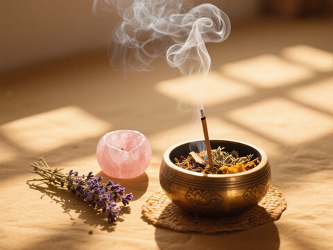 Soft sunlight and warm golden tones in feminine Ayurvedic self-love ritual with rose quartz, dried lavender, yoni steam bowl, herbal blend and incense smoke, delicate spiritual mood