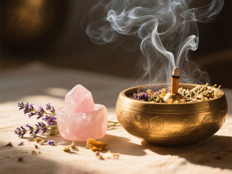 Feminine Ayurvedic self-love ritual with warm golden tones, rose quartz crystal, dried lavender, yoni steam bowl, herbal mix and incense smoke in soft sunlight, delicate mood