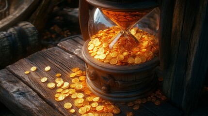 Golden coins fill a vintage hourglass on a weathered wooden surface