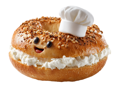 A charming bagel, adorned with a chef's hat, brimming with creamy delight, and animated features