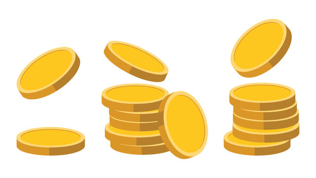 vector illustration of gold coins in various positions including falling, stacked, and upright representing wealth, finance, and savings