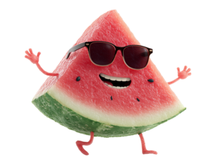A cheerful watermelon, a vibrant slice of summer delight, adorned with sunglasses and a smile.