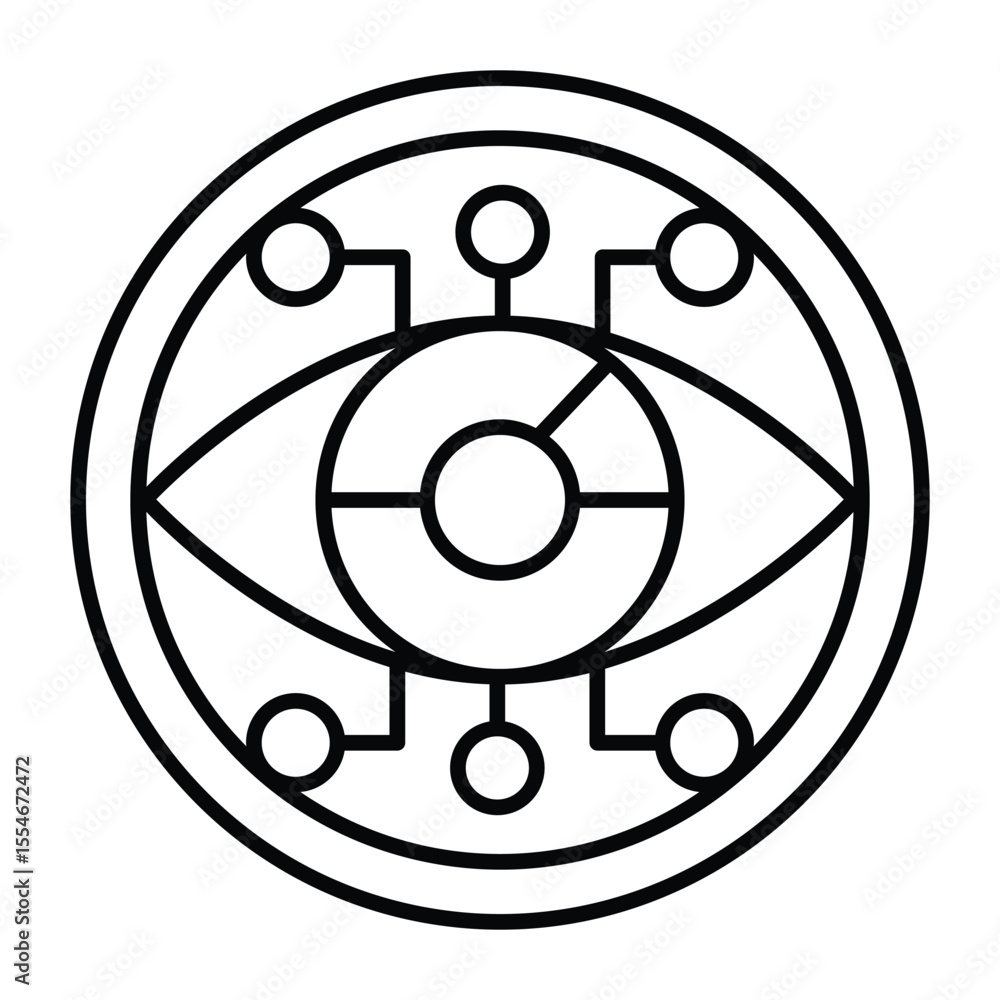 Poster eye circle with connections thin line icon, neural network concept. vector graphics. visual recognit