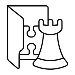 Games folder thin line icon, neural dataset concept. Vector graphics. Folder with tower chess and puzzle piece, gaming data sign on white background, style mobile or design.