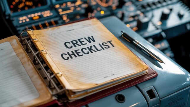 Crew safety briefing concept. Pilot's crew checklist on a clipboard inside an aircraft cockpit.