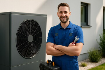 HVAC technician stands confidently with tools beside heat pump at residential property on a sunny afternoon